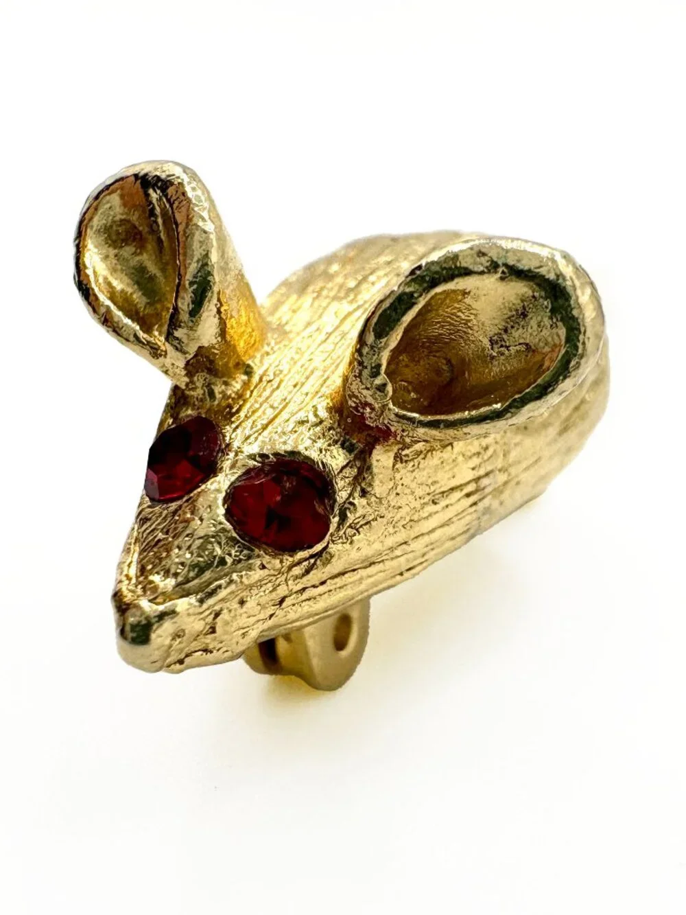 Vintage Mouse Brooch with Red Rhinestone Eyes and Articulated Tail